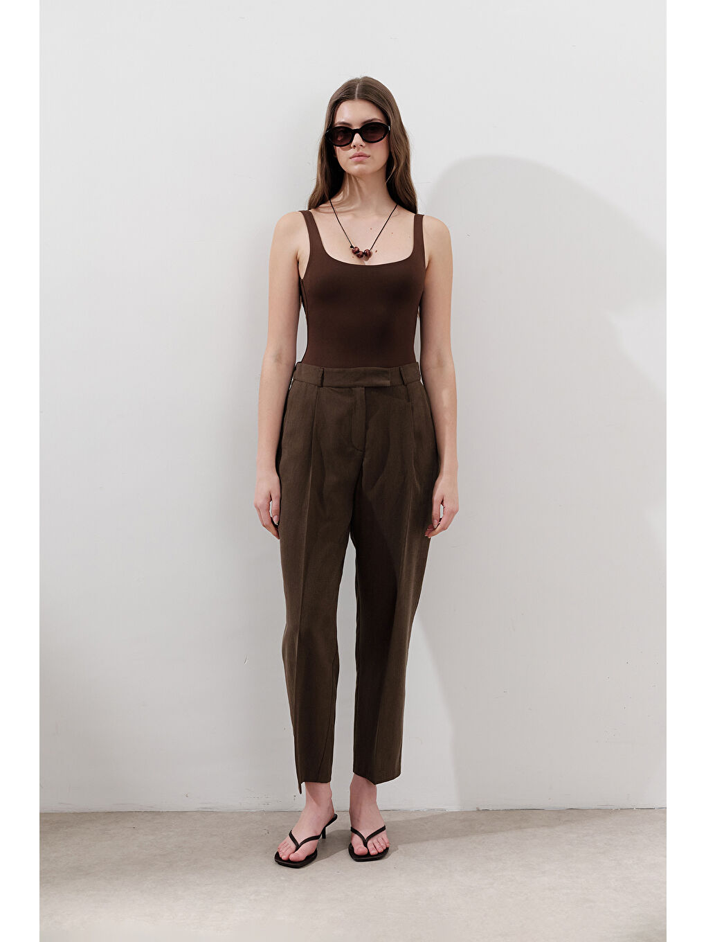 Kahverengi Lyocell Pileli Pantolon Acı Kahve-5