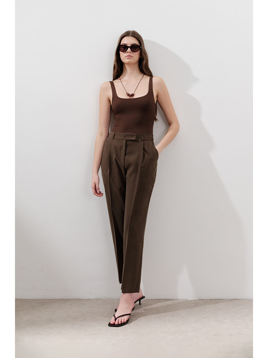 Kahverengi Lyocell Pileli Pantolon Acı Kahve-6