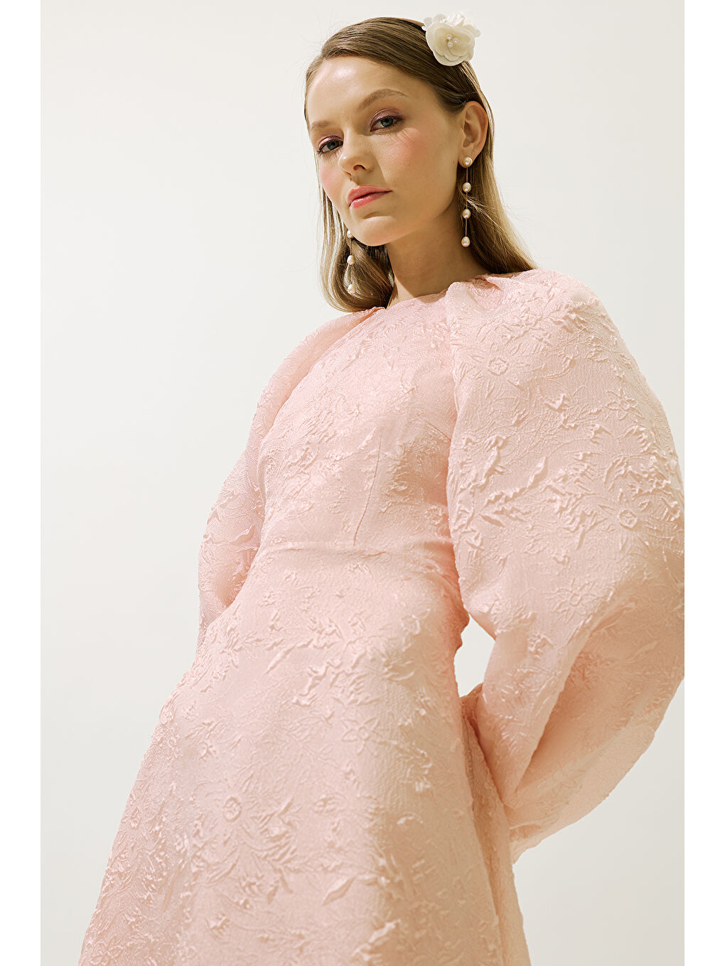Pembe Jakar Organze Abiye Elbise Pudra-1