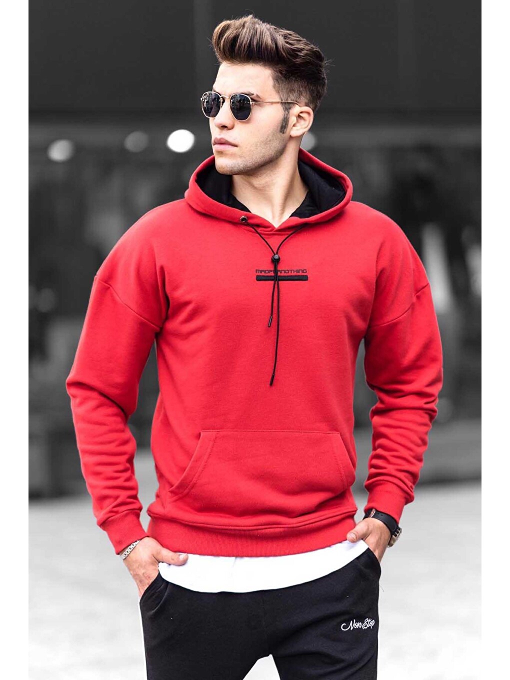 Kırmızı Baskılı Kapüşonlu Sweatshirt 4722