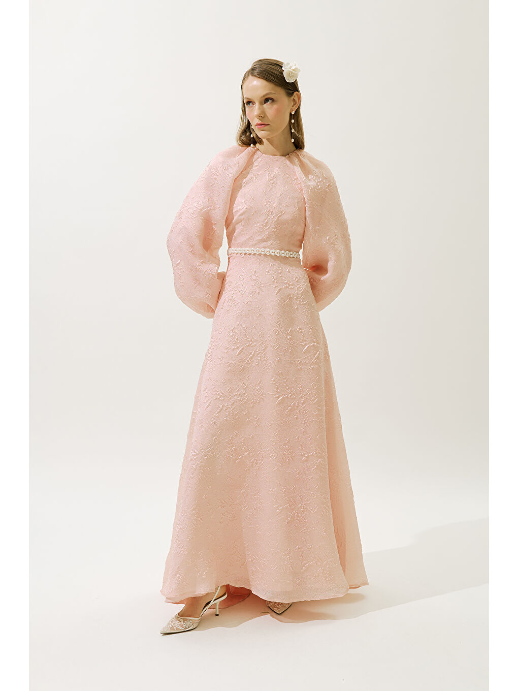 Pembe Jakar Organze Abiye Elbise Pudra-2