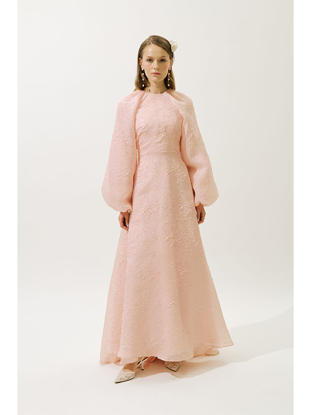 Pembe Jakar Organze Abiye Elbise Pudra-3