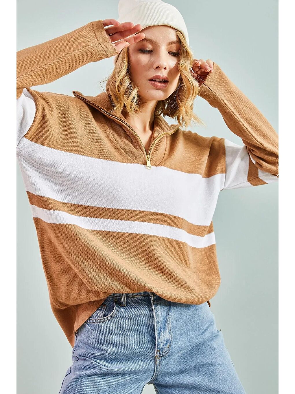 Kahverengi Kadın Parçalı Yarım Fermuarlı Triko Kazak