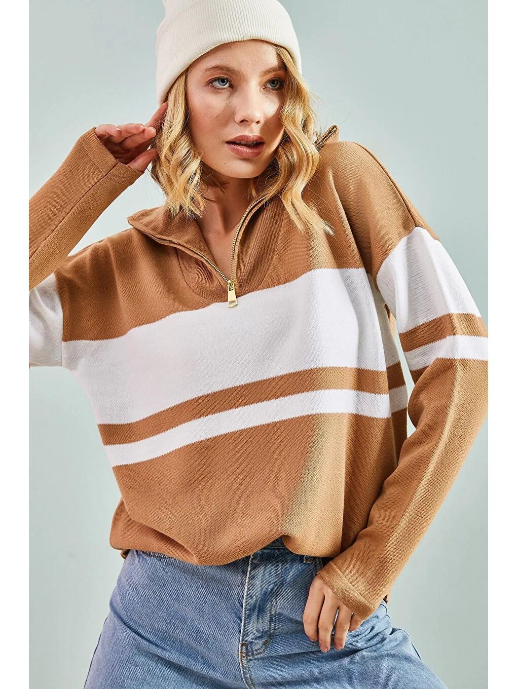 Kahverengi Kadın Parçalı Yarım Fermuarlı Triko Kazak-1