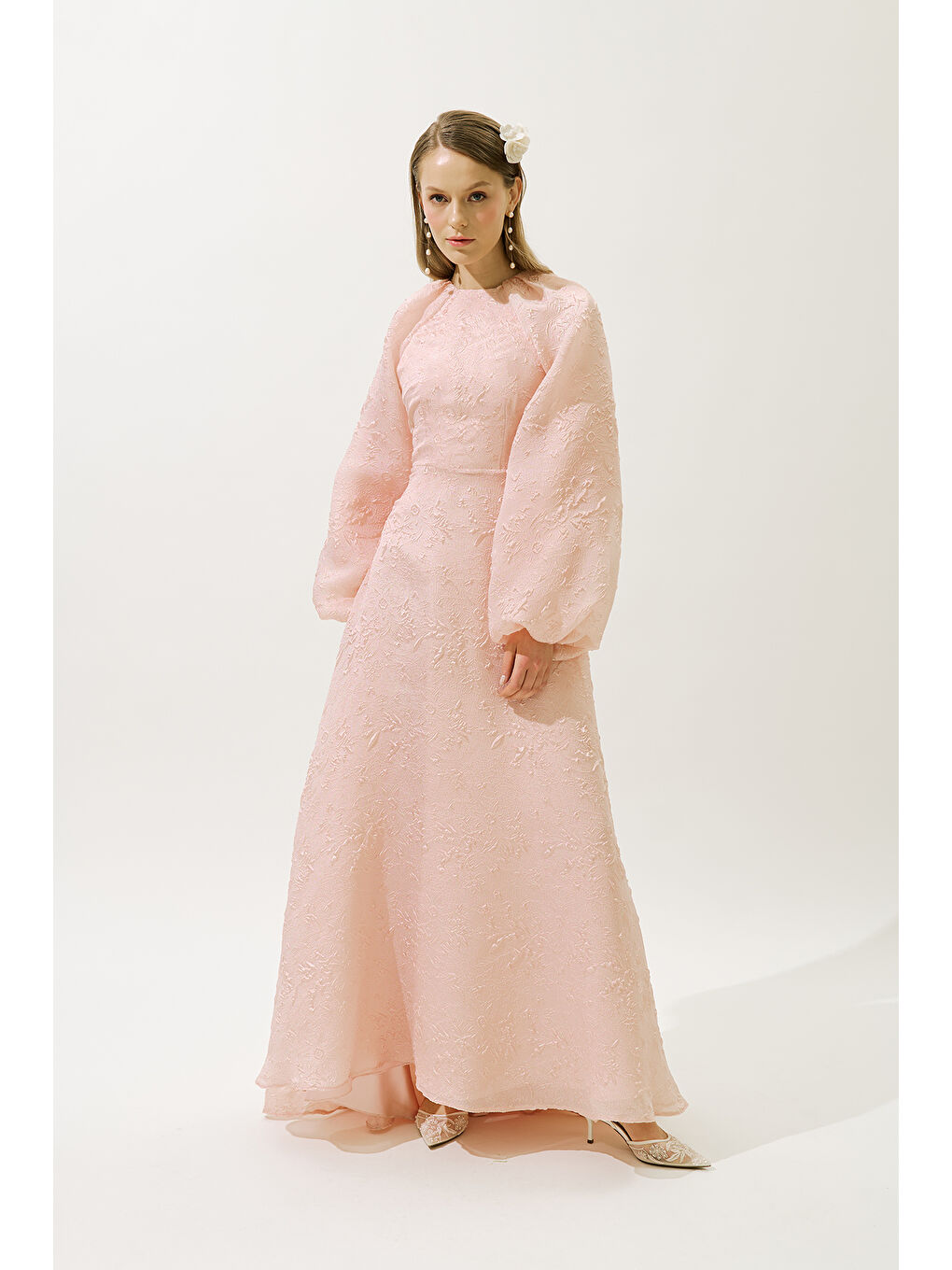 Pembe Jakar Organze Abiye Elbise Pudra-4