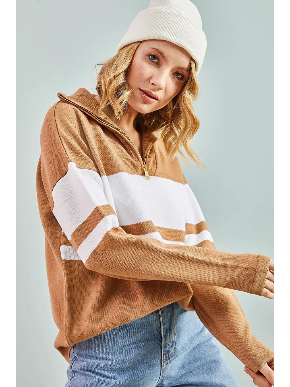 Kahverengi Kadın Parçalı Yarım Fermuarlı Triko Kazak-2