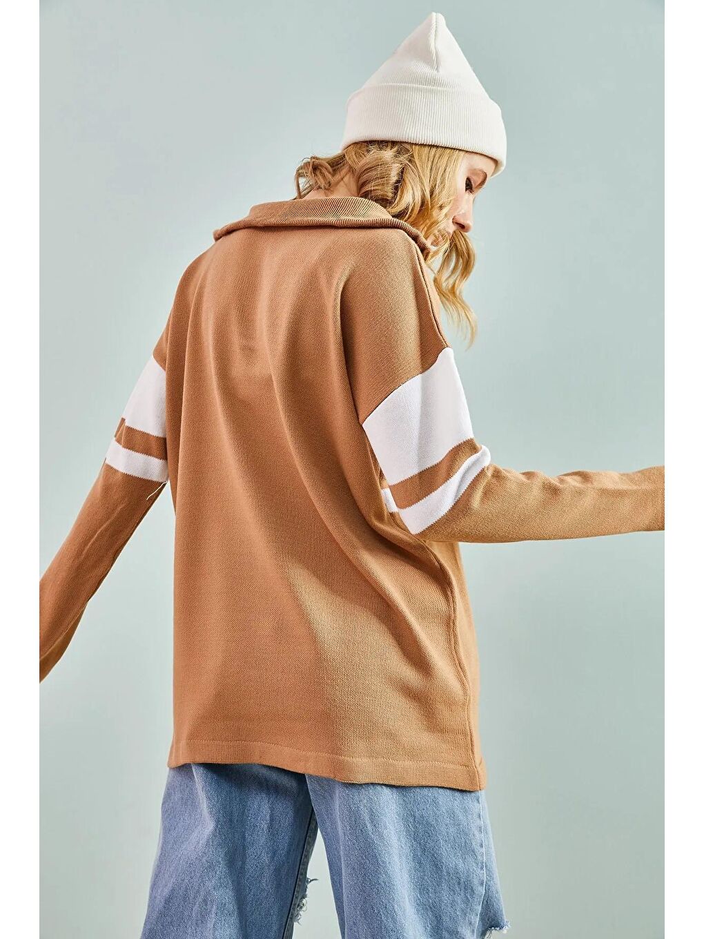 Kahverengi Kadın Parçalı Yarım Fermuarlı Triko Kazak-3