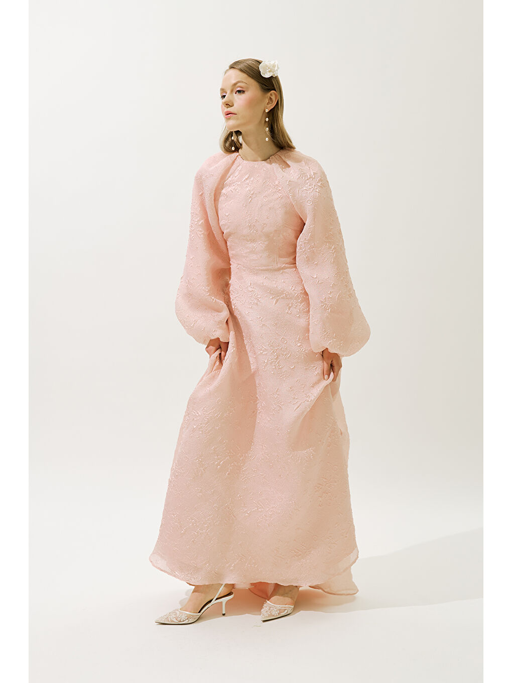 Pembe Jakar Organze Abiye Elbise Pudra-5