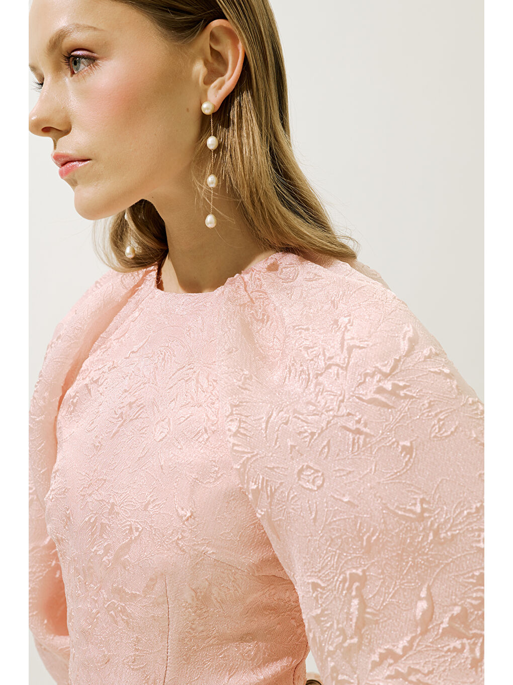 Pembe Jakar Organze Abiye Elbise Pudra-6