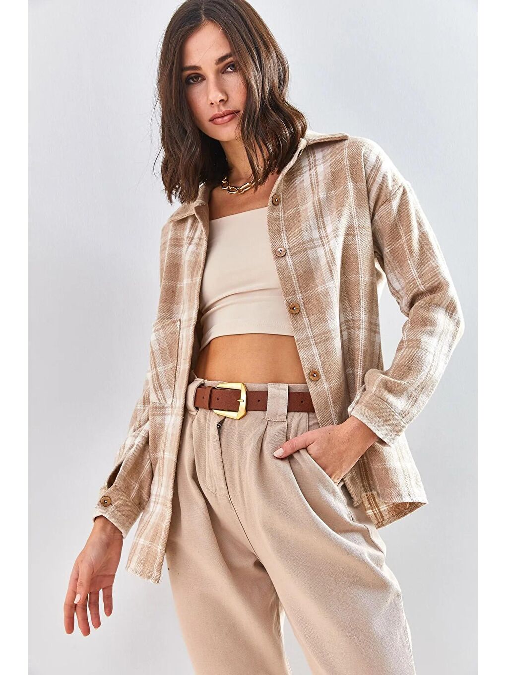 Bej Kadın Cepli Kaşe Oduncu Gömleği-2