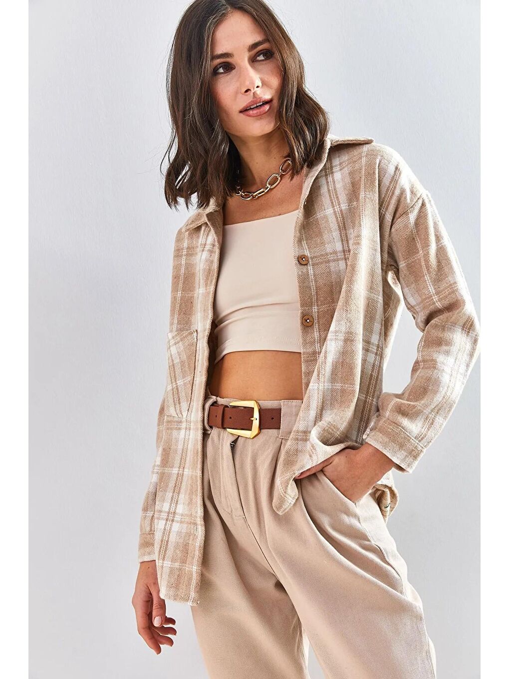 Bej Kadın Cepli Kaşe Oduncu Gömleği-3