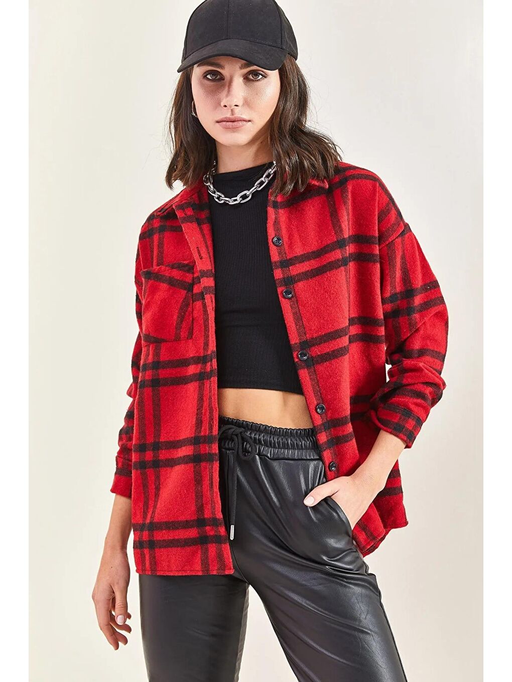 Kırmızı Kadın Cepli Kaşe Oduncu Gömleği-2