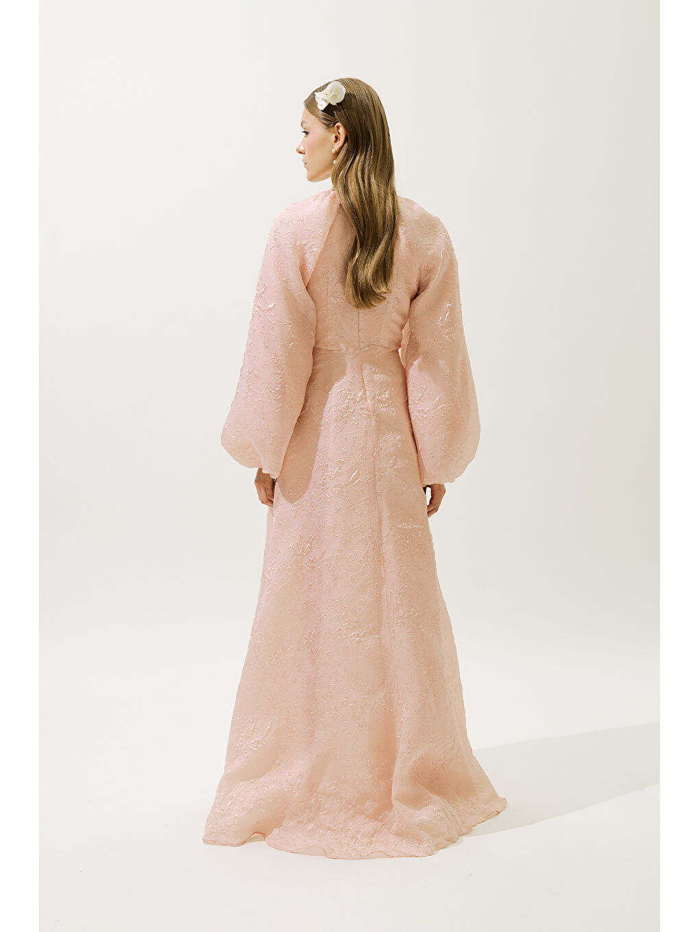 Pembe Jakar Organze Abiye Elbise Pudra-7