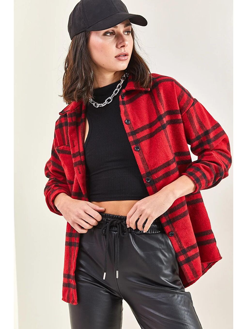 Kırmızı Kadın Cepli Kaşe Oduncu Gömleği-3