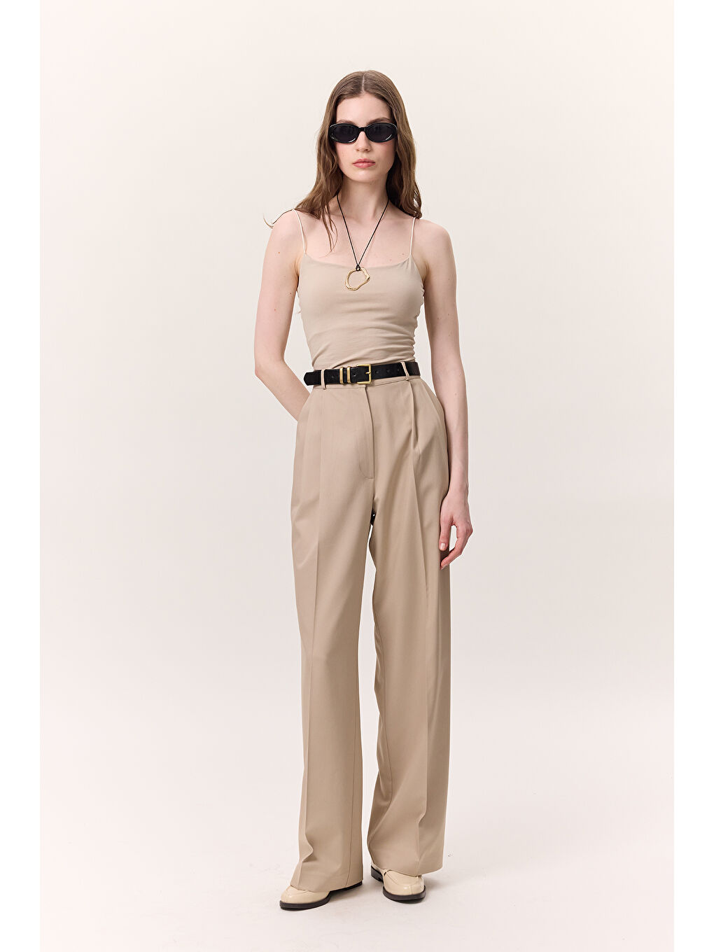 Bej Geniş Paçalı Palazzo Pantolon Taş-2