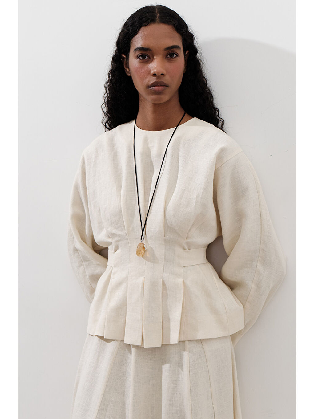 Bej Keten Kruvaze Bağlamalı Bluz Vanilya