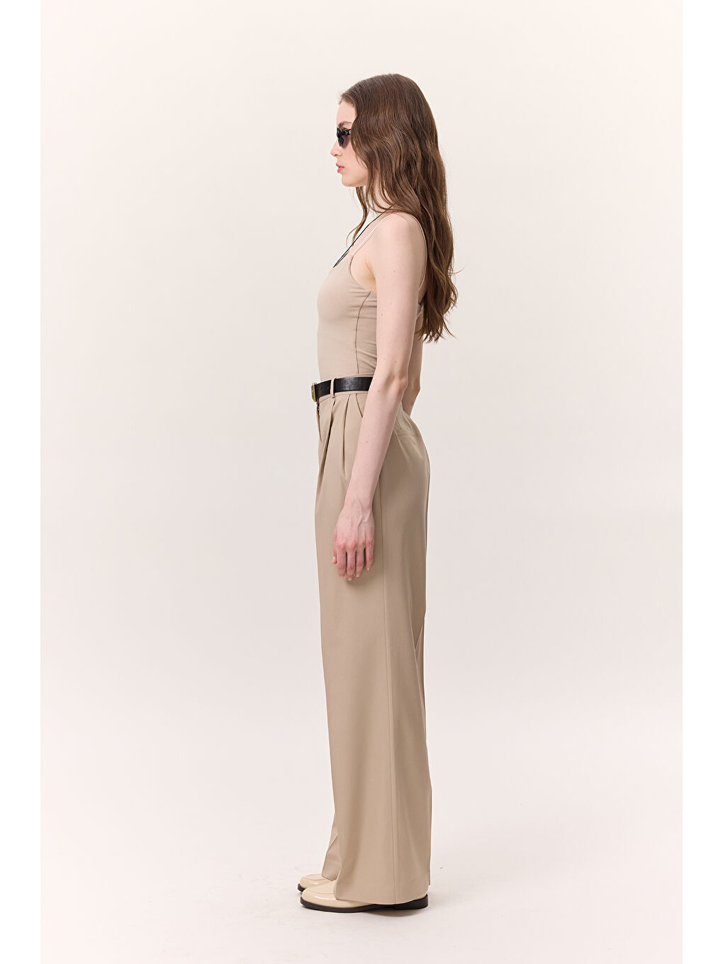 Bej Geniş Paçalı Palazzo Pantolon Taş-3