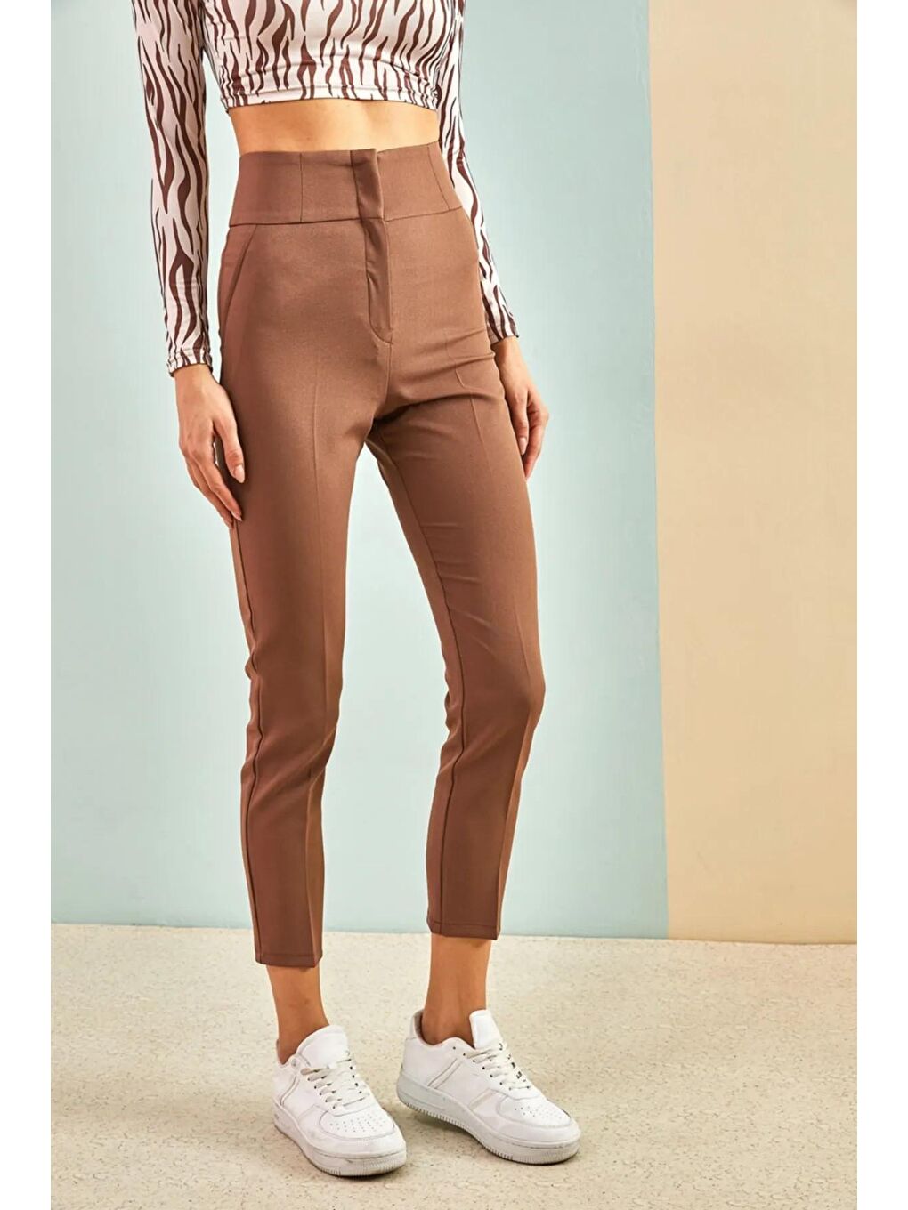 Kahverengi Kadın Ekstra Yüksek Bel Atlas Kumaş Pantolon