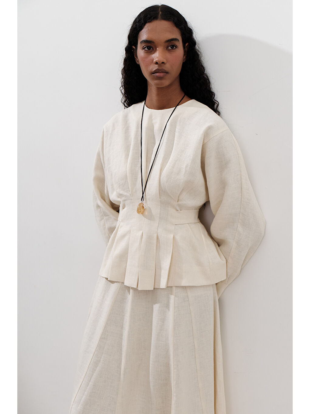 Bej Keten Kruvaze Bağlamalı Bluz Vanilya-2