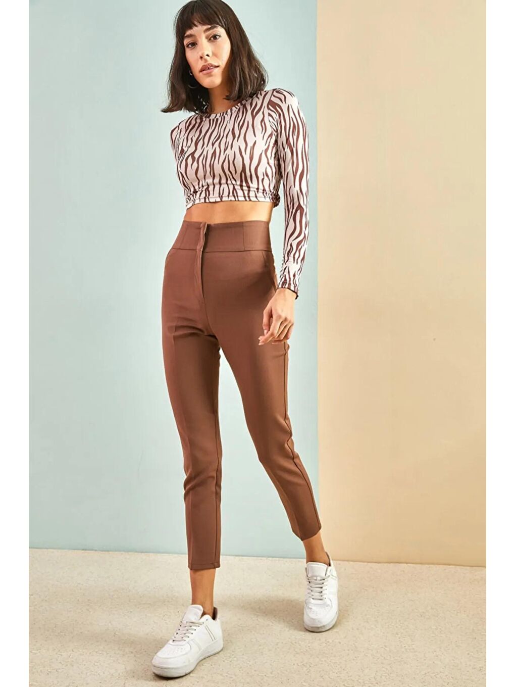 Kahverengi Kadın Ekstra Yüksek Bel Atlas Kumaş Pantolon-2