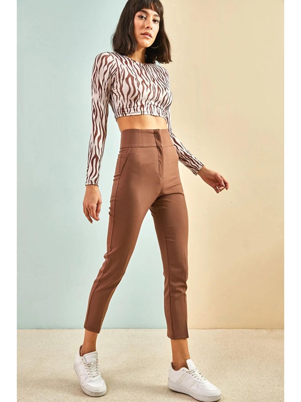 Kahverengi Kadın Ekstra Yüksek Bel Atlas Kumaş Pantolon-3