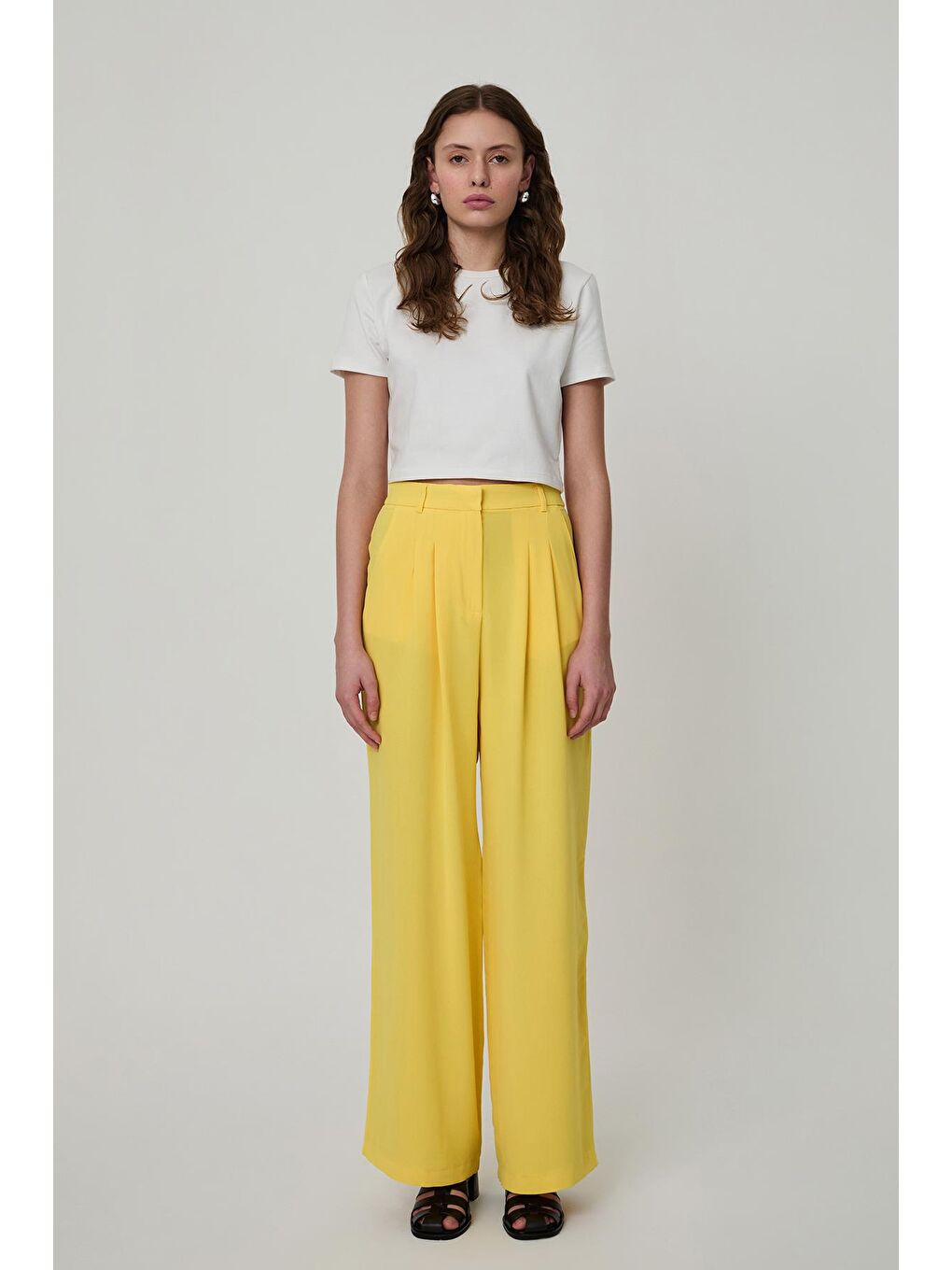 Pile Detaylı Cepli Palazzo Pantolon Sarı-2