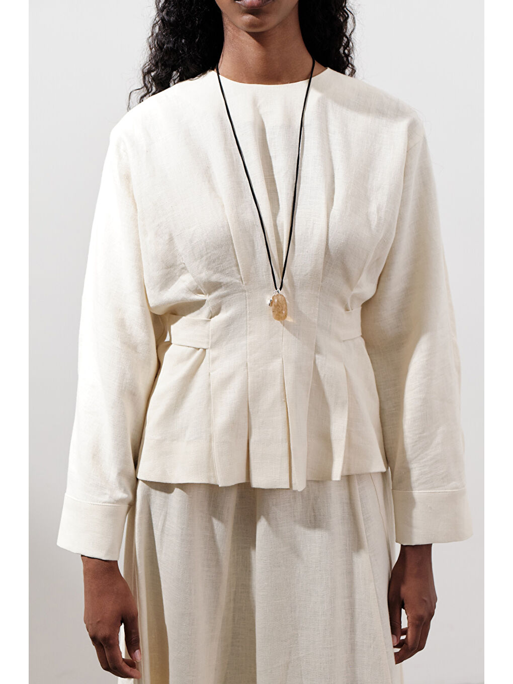 Bej Keten Kruvaze Bağlamalı Bluz Vanilya-3