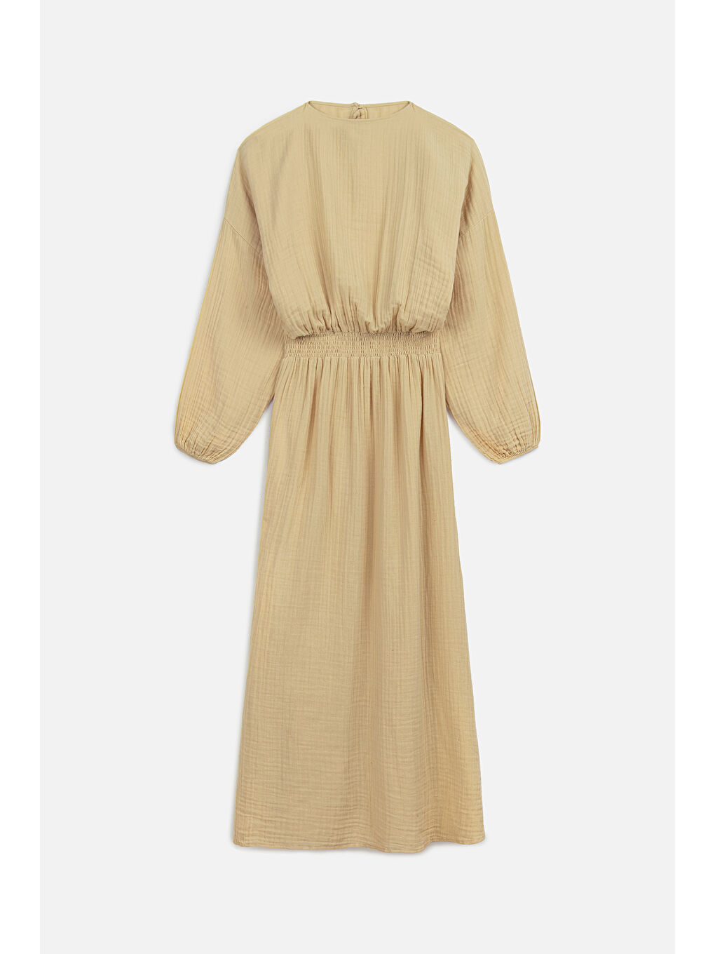 Müslin Beli Büzgülü Elbise Sarı-1