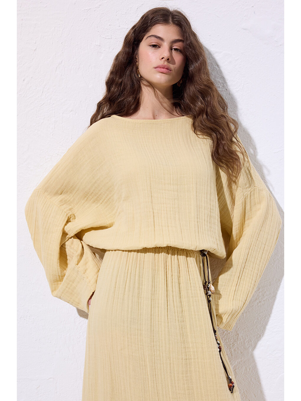 Müslin Beli Büzgülü Elbise Sarı-2