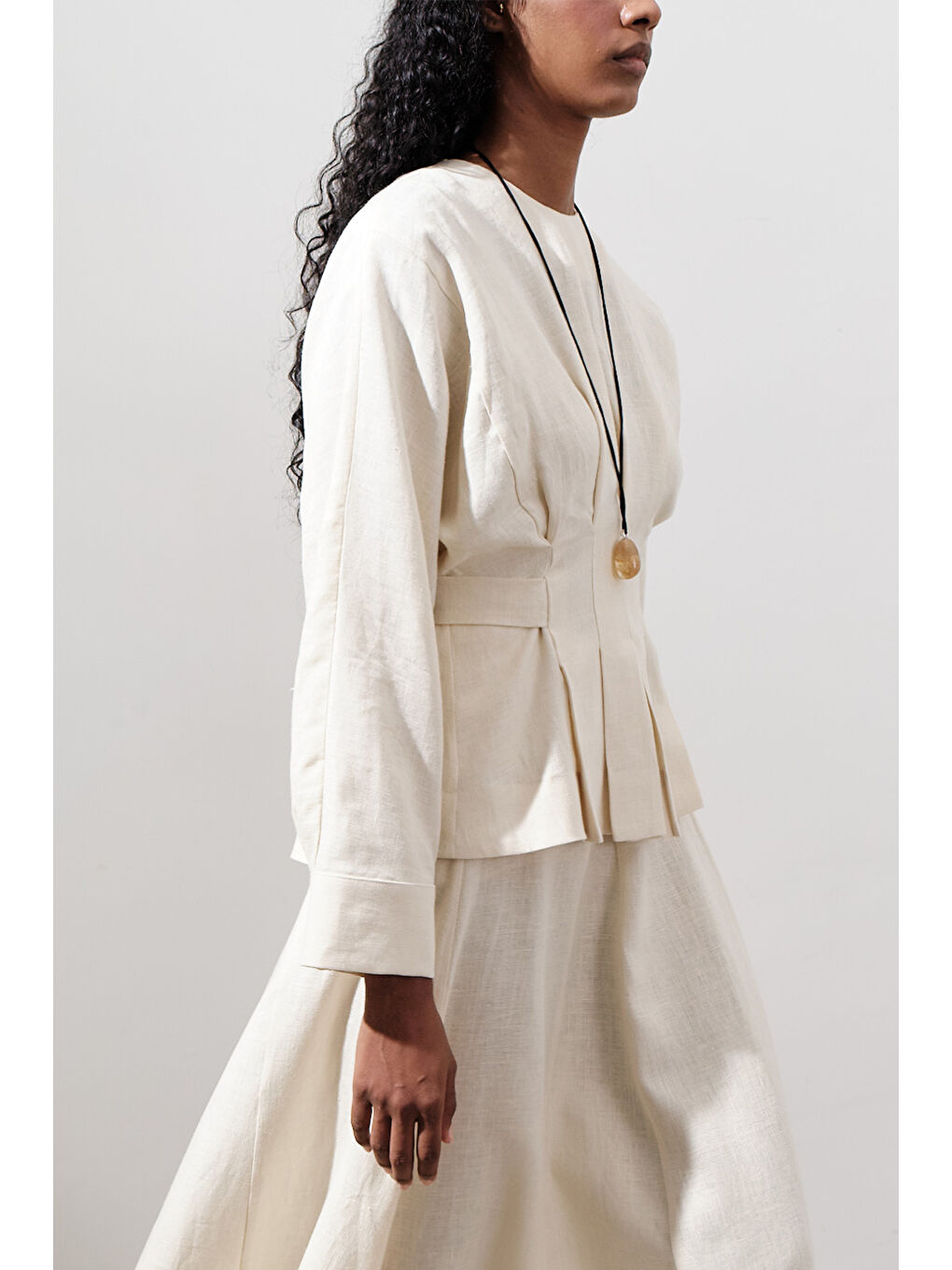 Bej Keten Kruvaze Bağlamalı Bluz Vanilya-4