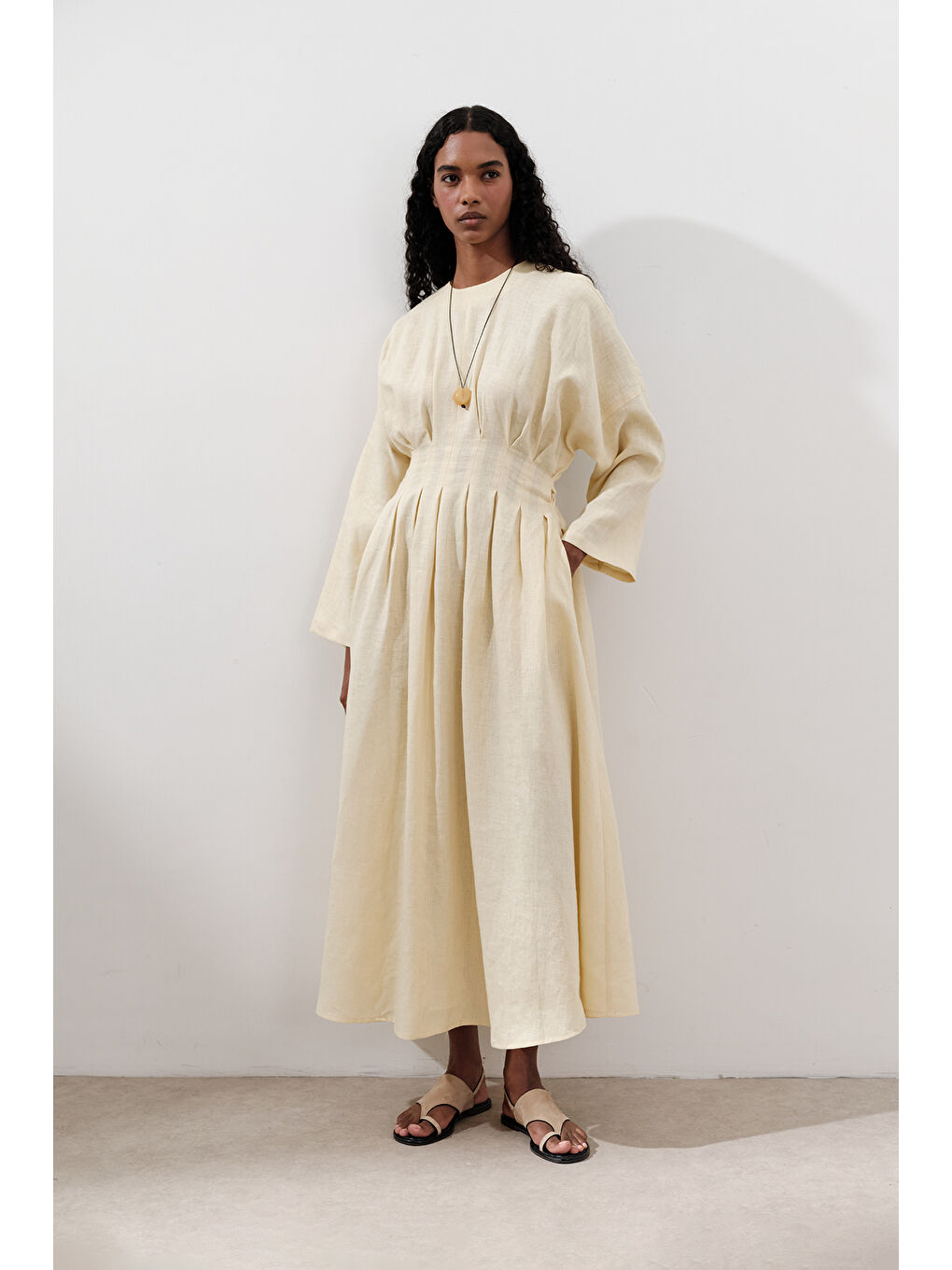 Keten Pile Detaylı Elbise Sarı-4