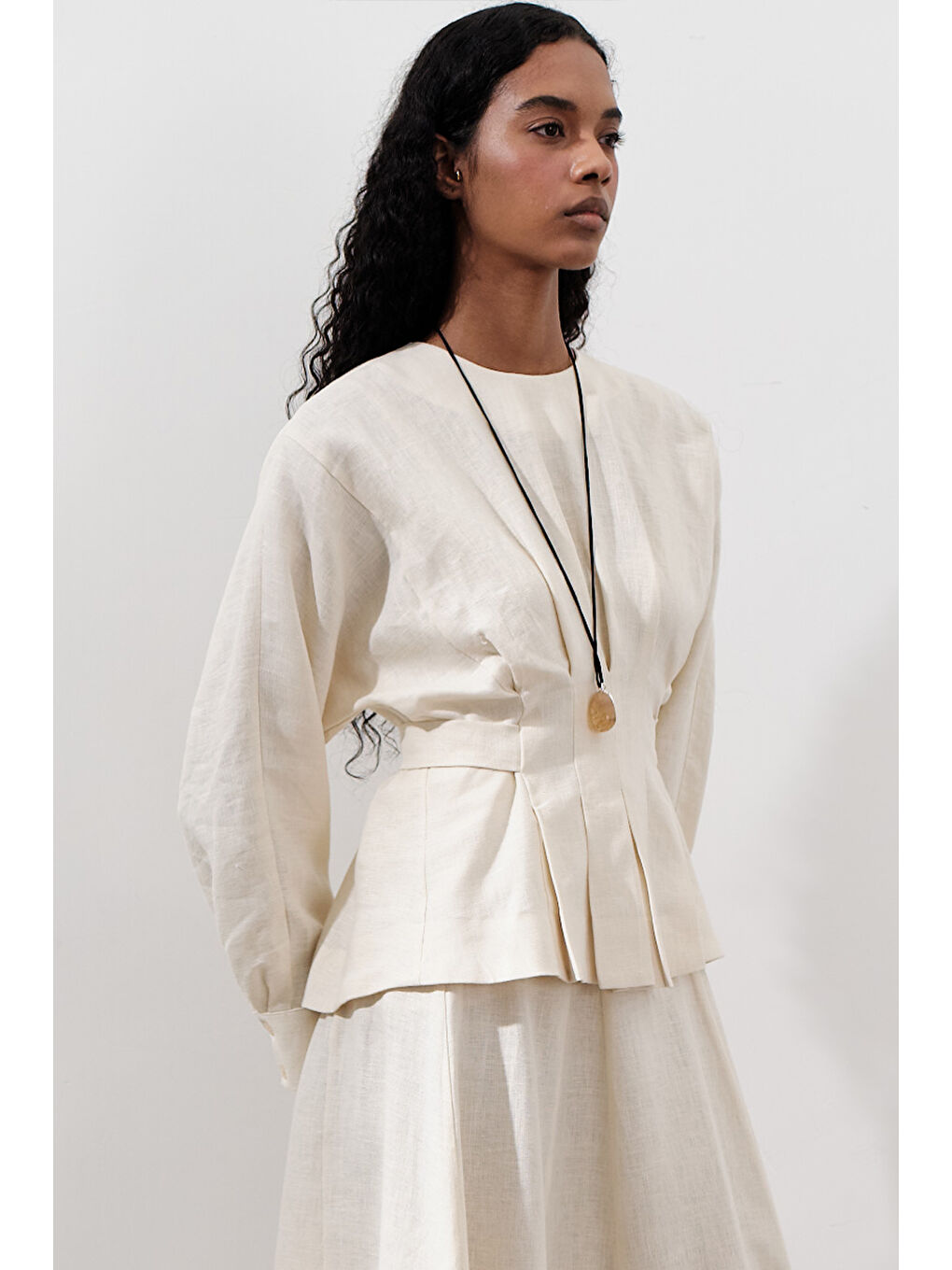 Bej Keten Kruvaze Bağlamalı Bluz Vanilya-5