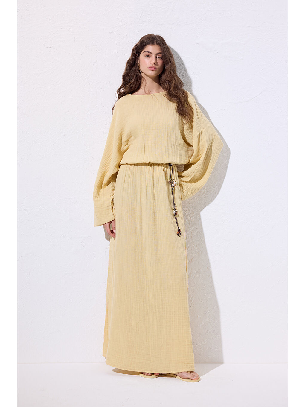 Müslin Beli Büzgülü Elbise Sarı-3