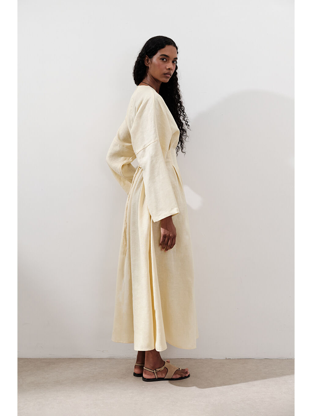 Keten Pile Detaylı Elbise Sarı-5