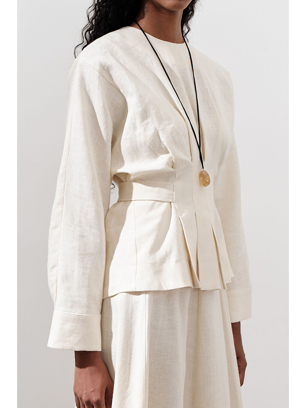 Bej Keten Kruvaze Bağlamalı Bluz Vanilya-6