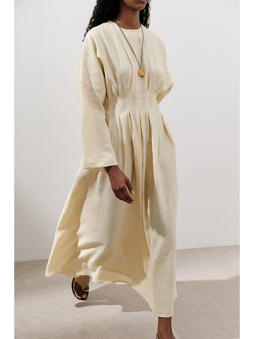 Keten Pile Detaylı Elbise Sarı-6