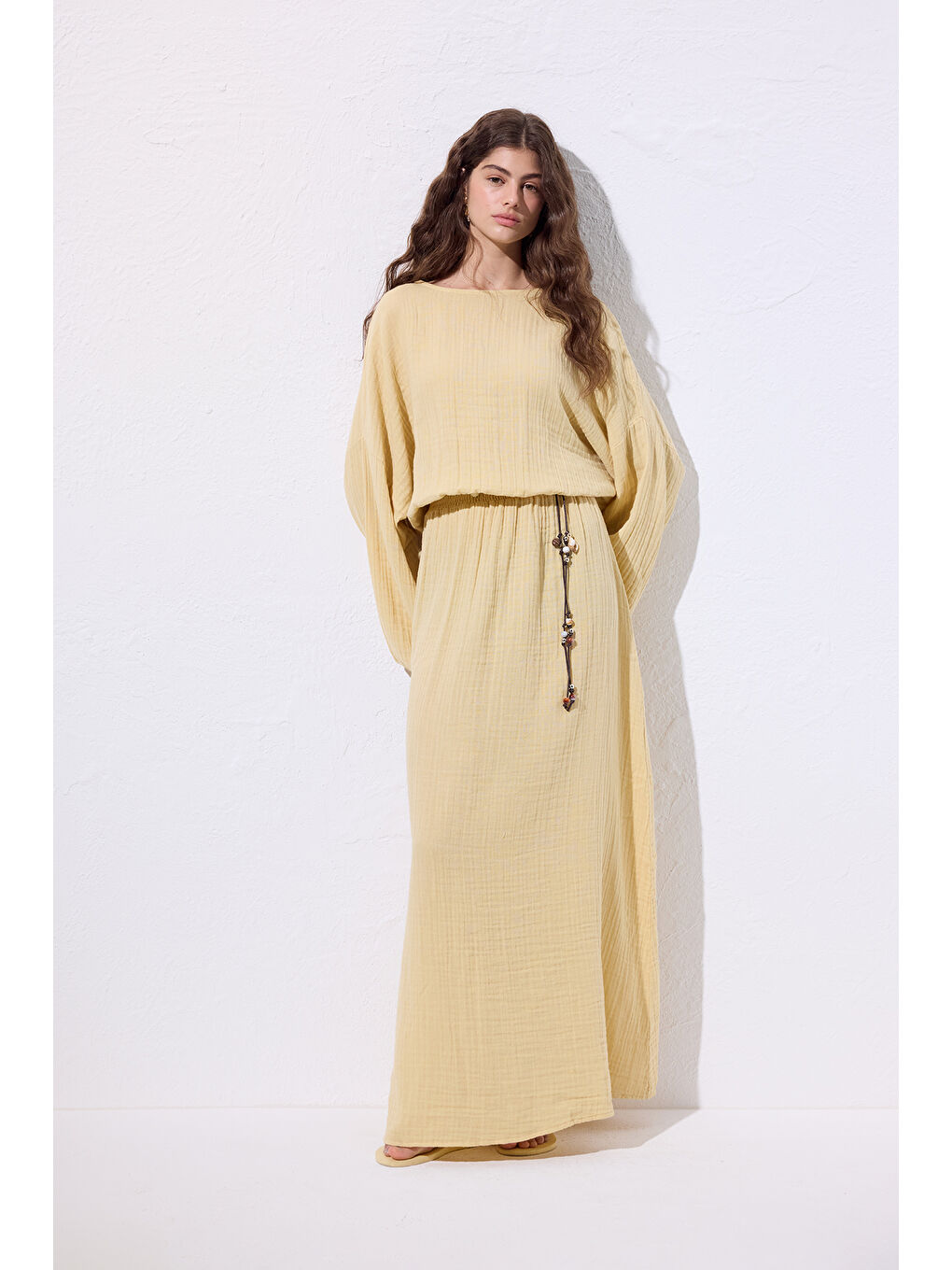 Müslin Beli Büzgülü Elbise Sarı-4