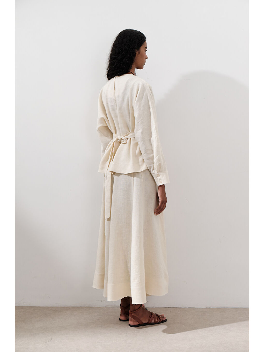 Bej Keten Kruvaze Bağlamalı Bluz Vanilya-7