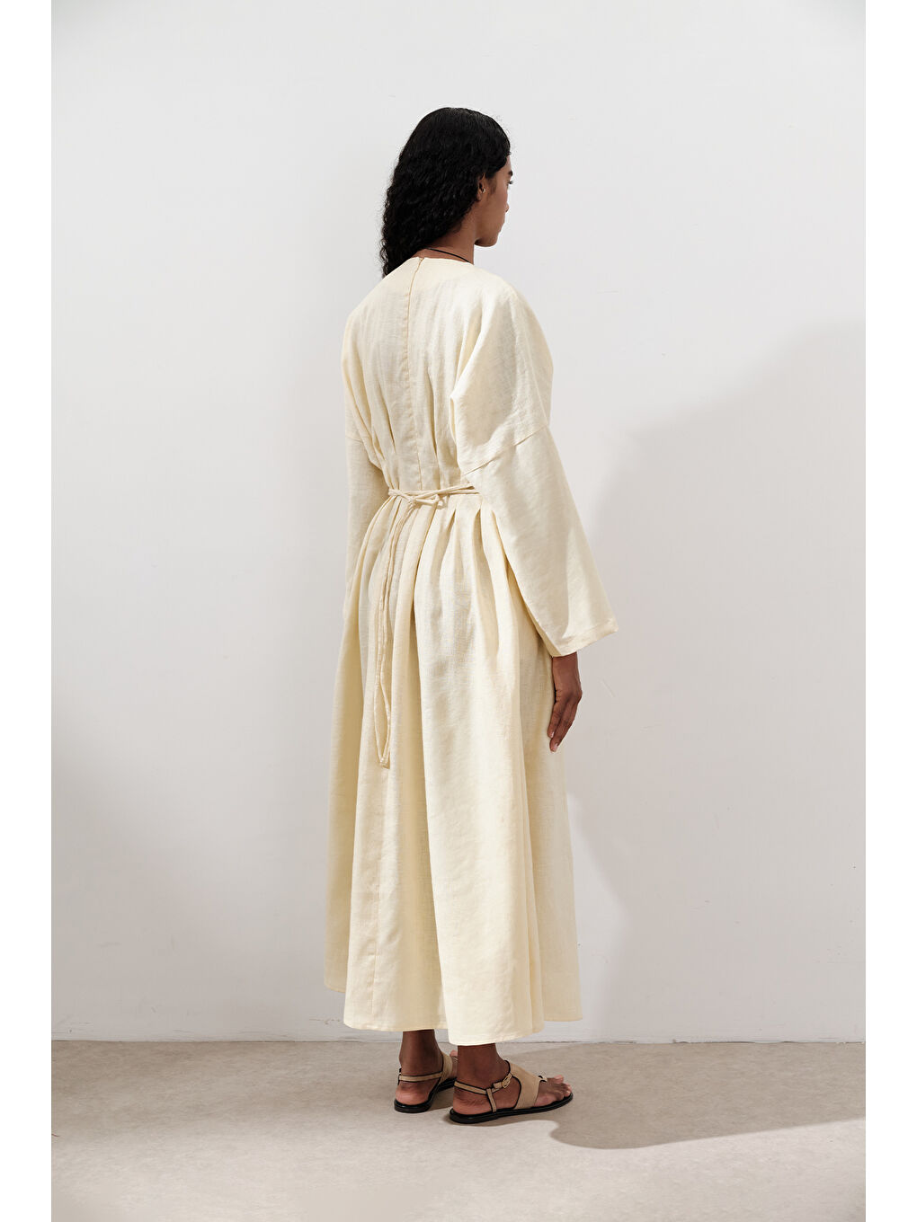 Keten Pile Detaylı Elbise Sarı-7