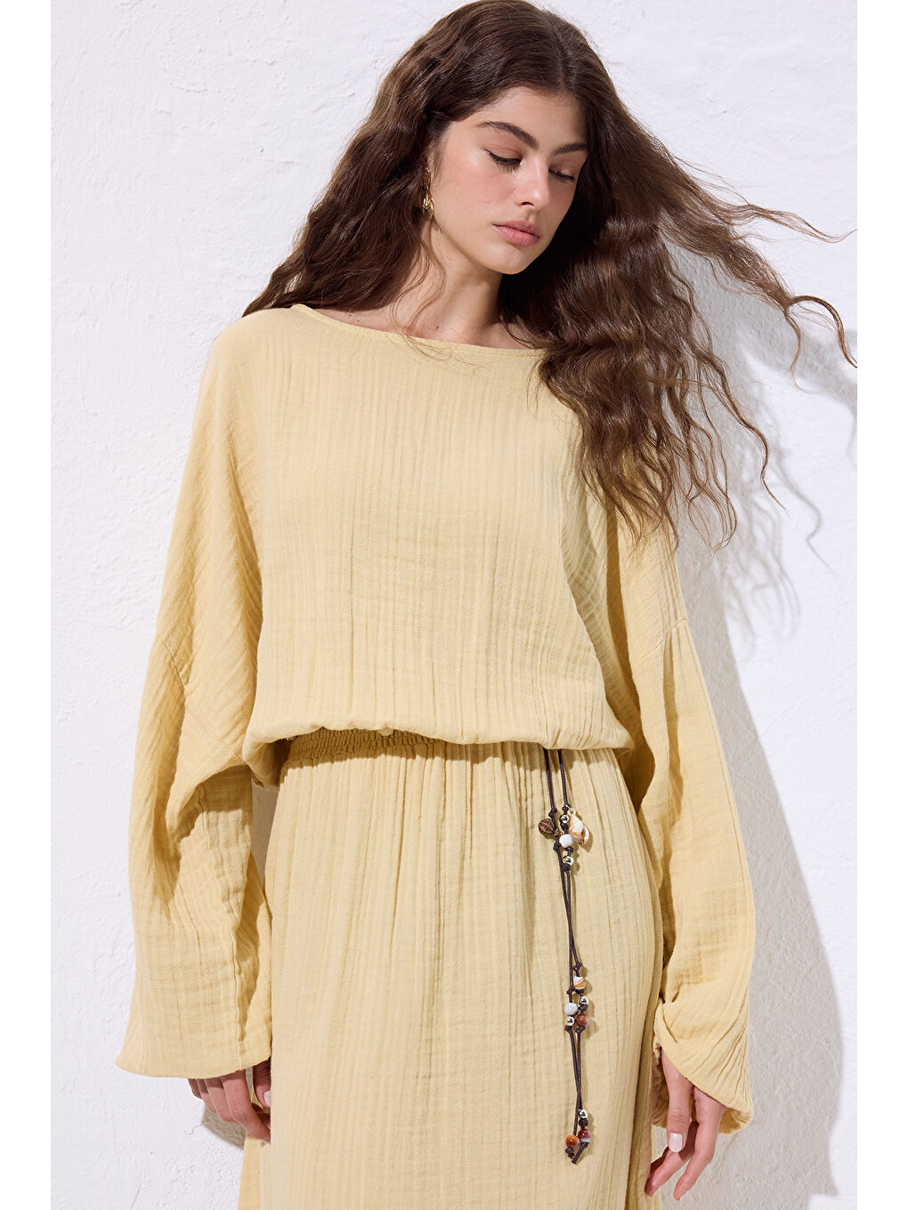 Müslin Beli Büzgülü Elbise Sarı-5