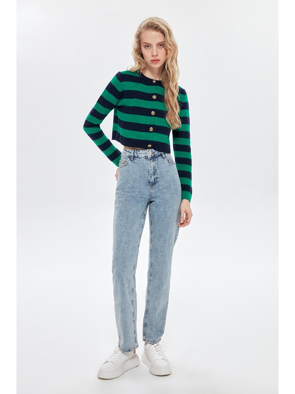 Lacivert Çizgili Düğme Detaylı Crop Hırka Laci-Yeşil-1