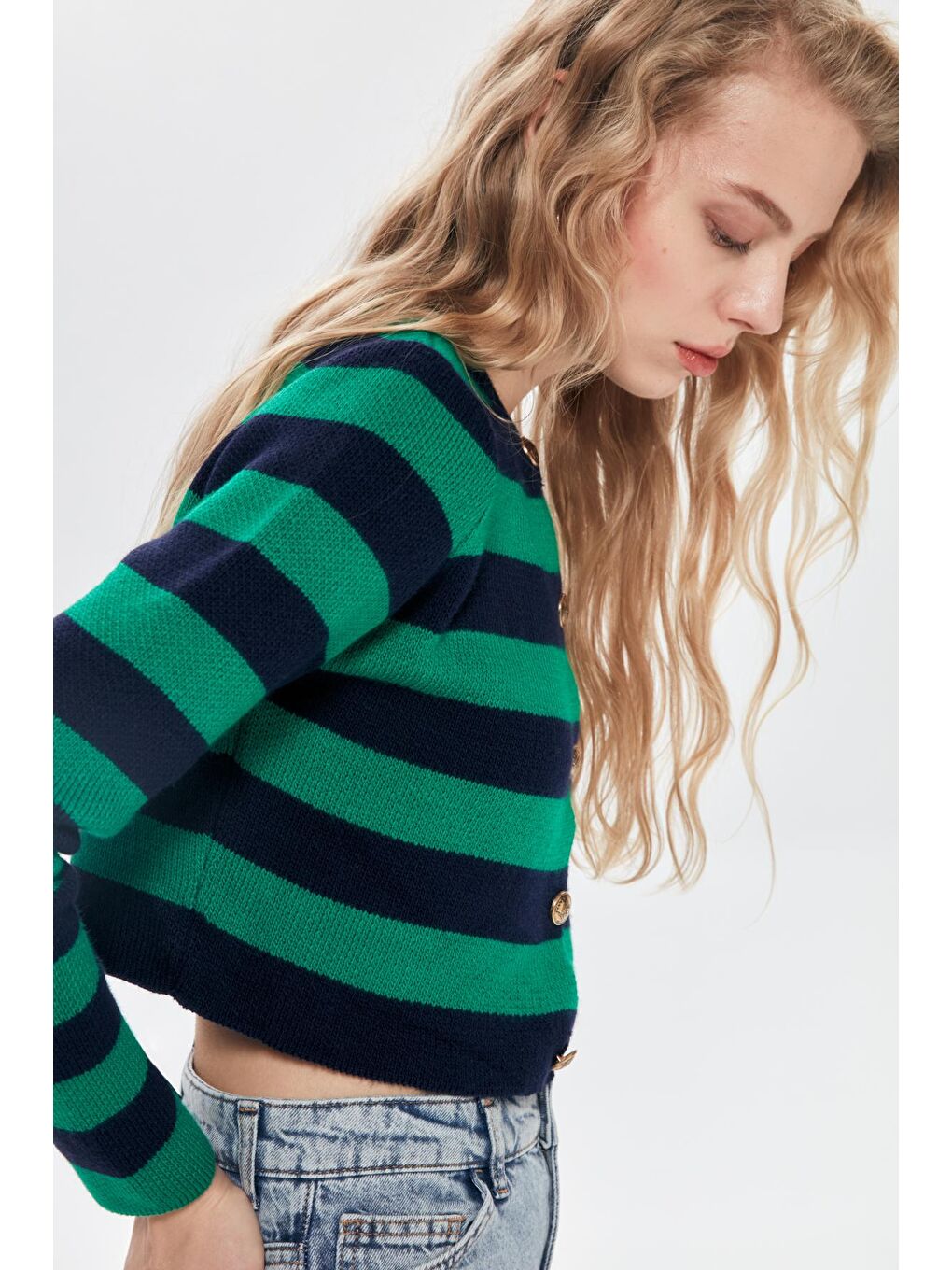 Lacivert Çizgili Düğme Detaylı Crop Hırka Laci-Yeşil-2