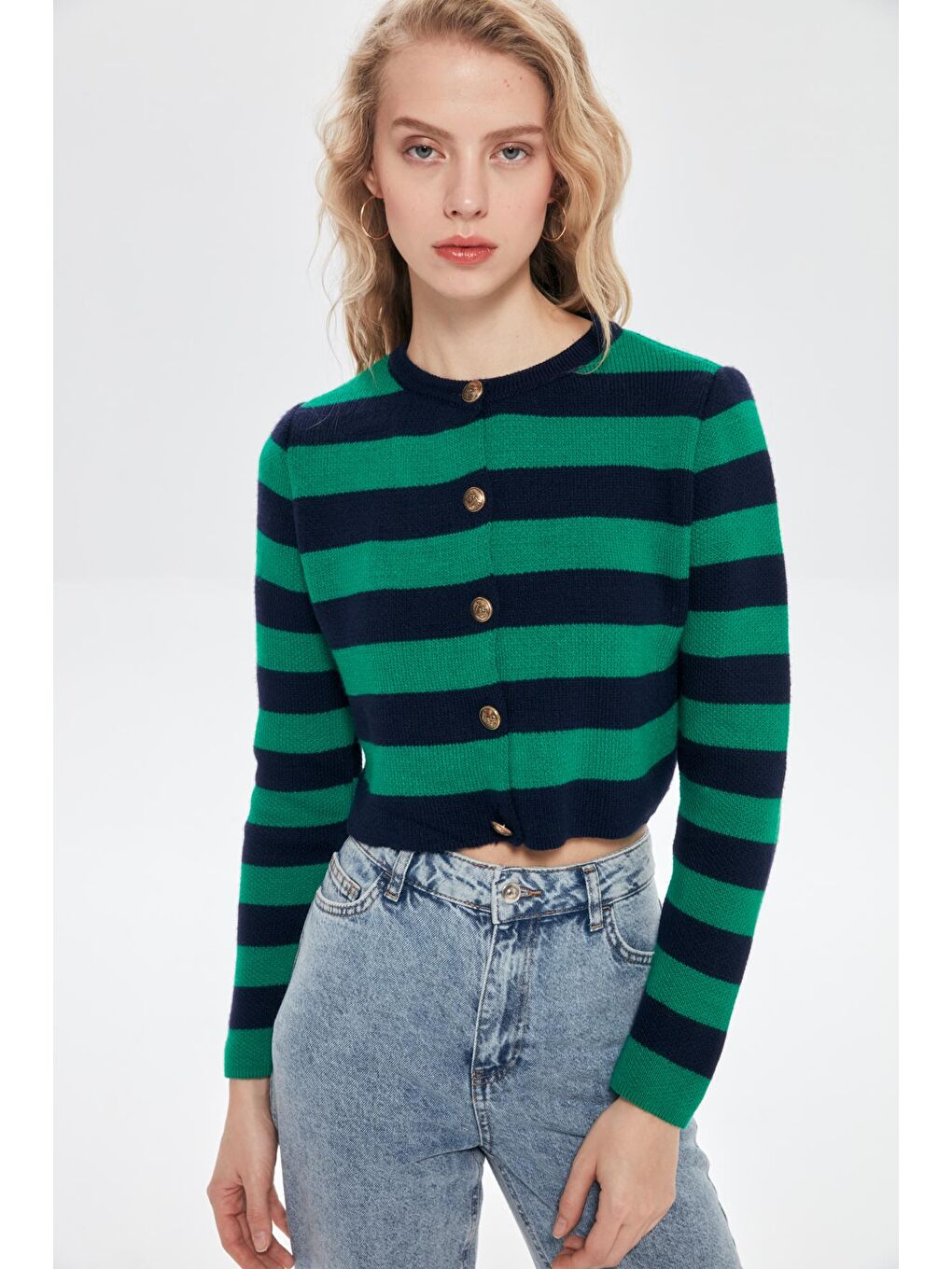 Lacivert Çizgili Düğme Detaylı Crop Hırka Laci-Yeşil-3