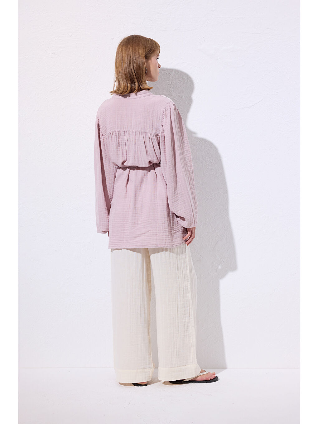 Pembe Müslin İşlemeli Gömlek Pudra-6