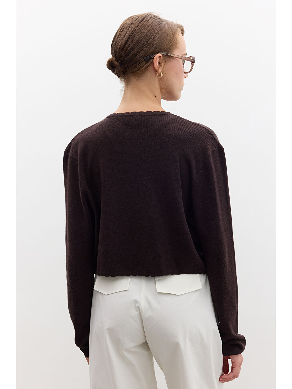 Yumuşak Dokulu Bağcıklı Triko Hırka Kahverengi-5