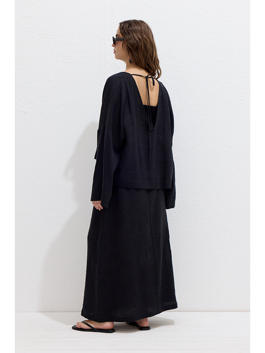 Premıum V Yaka Keten Bluz Siyah-4