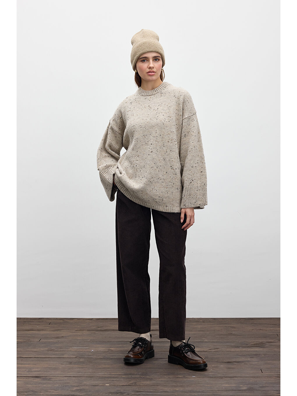 Geniş Kol Triko Kazak Bej-4