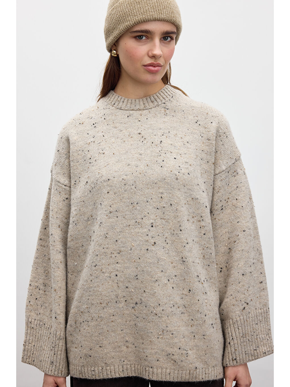 Geniş Kol Triko Kazak Bej-5