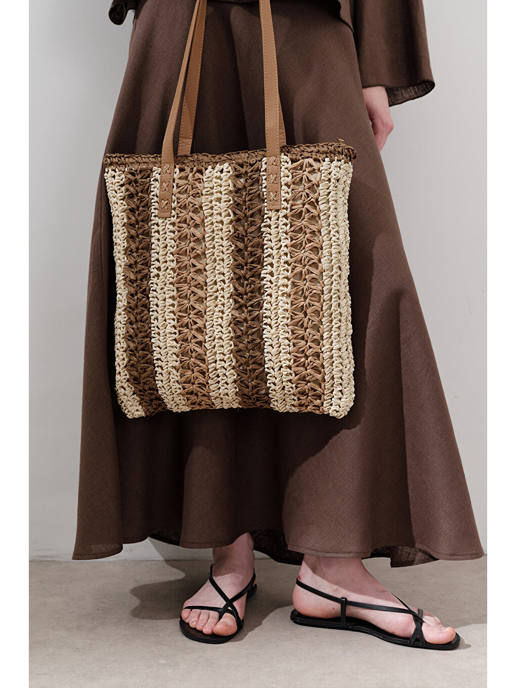 Çizgi Desenli Hasır Çanta Bej-1