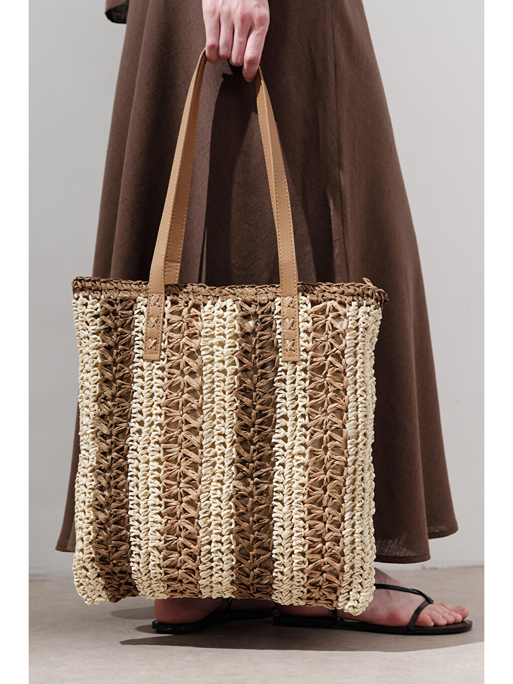 Çizgi Desenli Hasır Çanta Bej-2